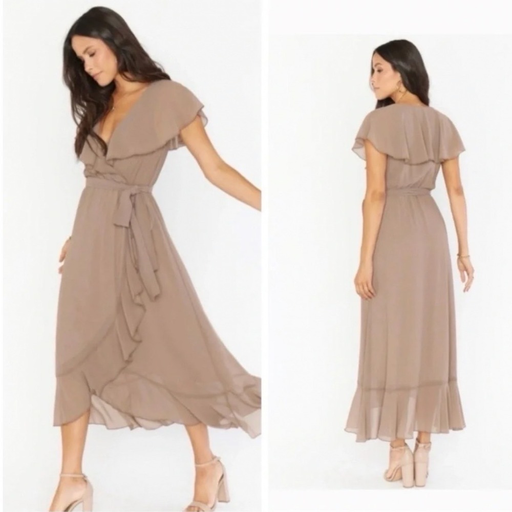 Show Me Your MuMu Jess Ruffle Midi Dress Dune Chiffon Waist Wrap Bridesmaid M